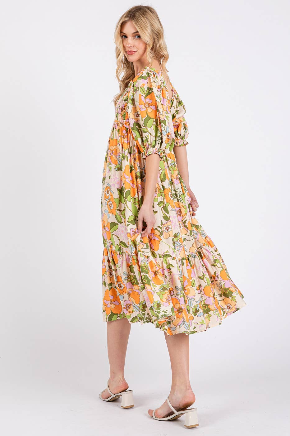 FLOWER PRINT PUFF SLEEVE RUFFLE SMOCKED MIDI DRESS