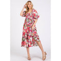 FLOWER PRINT PUFF SLEEVE RUFFLE SMOCKED MIDI DRESS