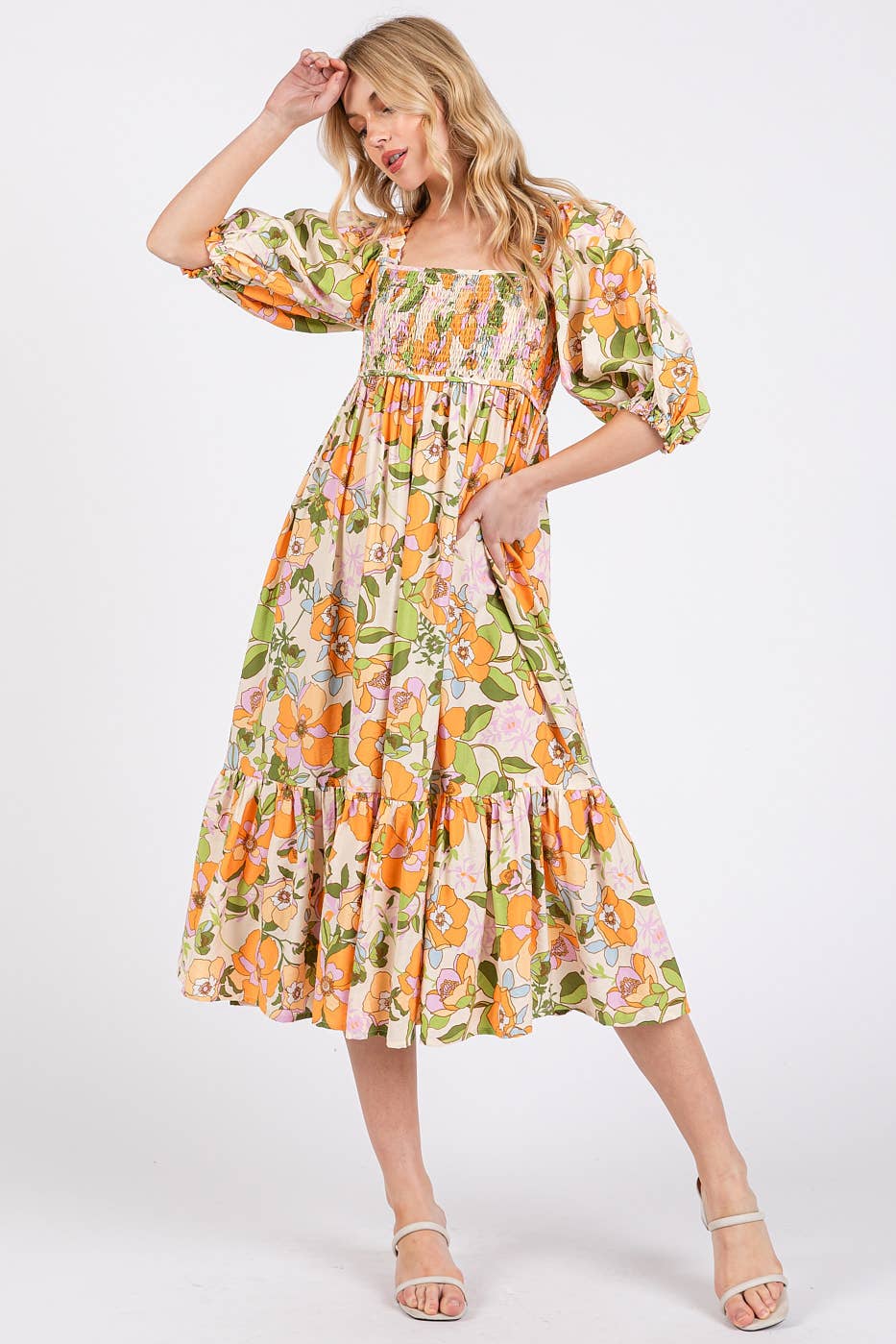 FLOWER PRINT PUFF SLEEVE RUFFLE SMOCKED MIDI DRESS