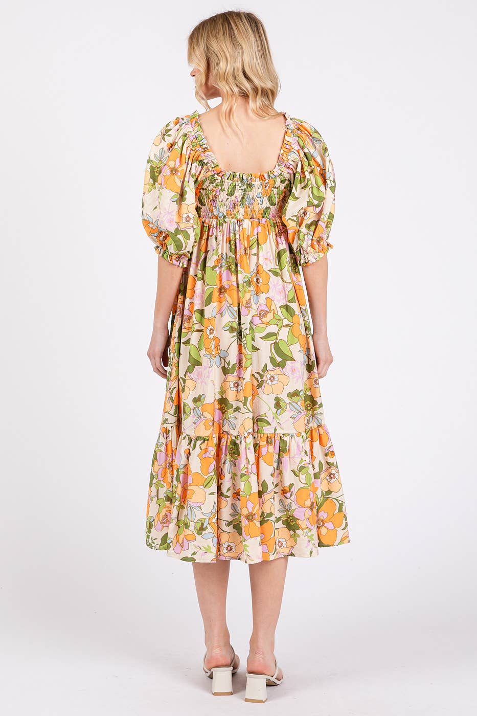 FLOWER PRINT PUFF SLEEVE RUFFLE SMOCKED MIDI DRESS