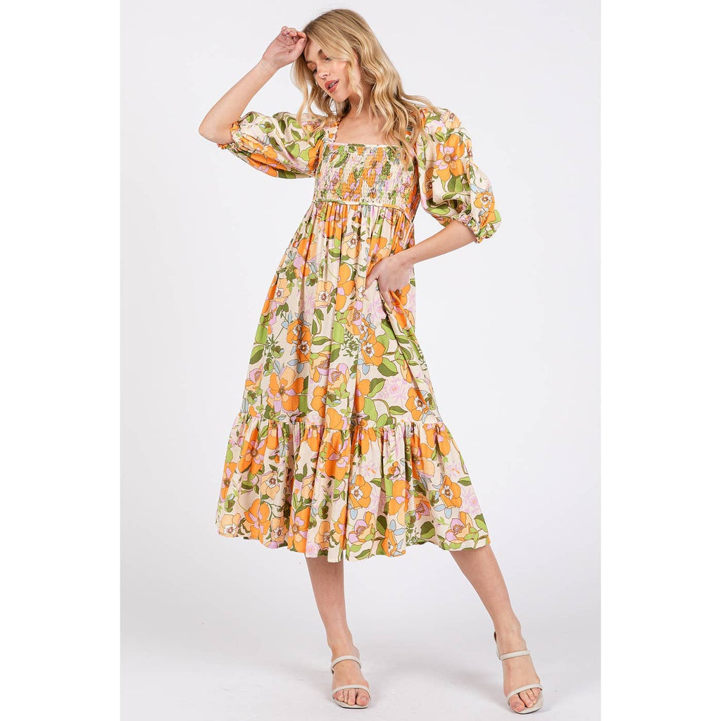 FLOWER PRINT PUFF SLEEVE RUFFLE SMOCKED MIDI DRESS
