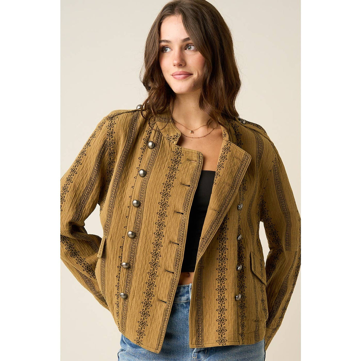 FLORAL ORNAMENT PRINT TEXTURED QUILT JACKET