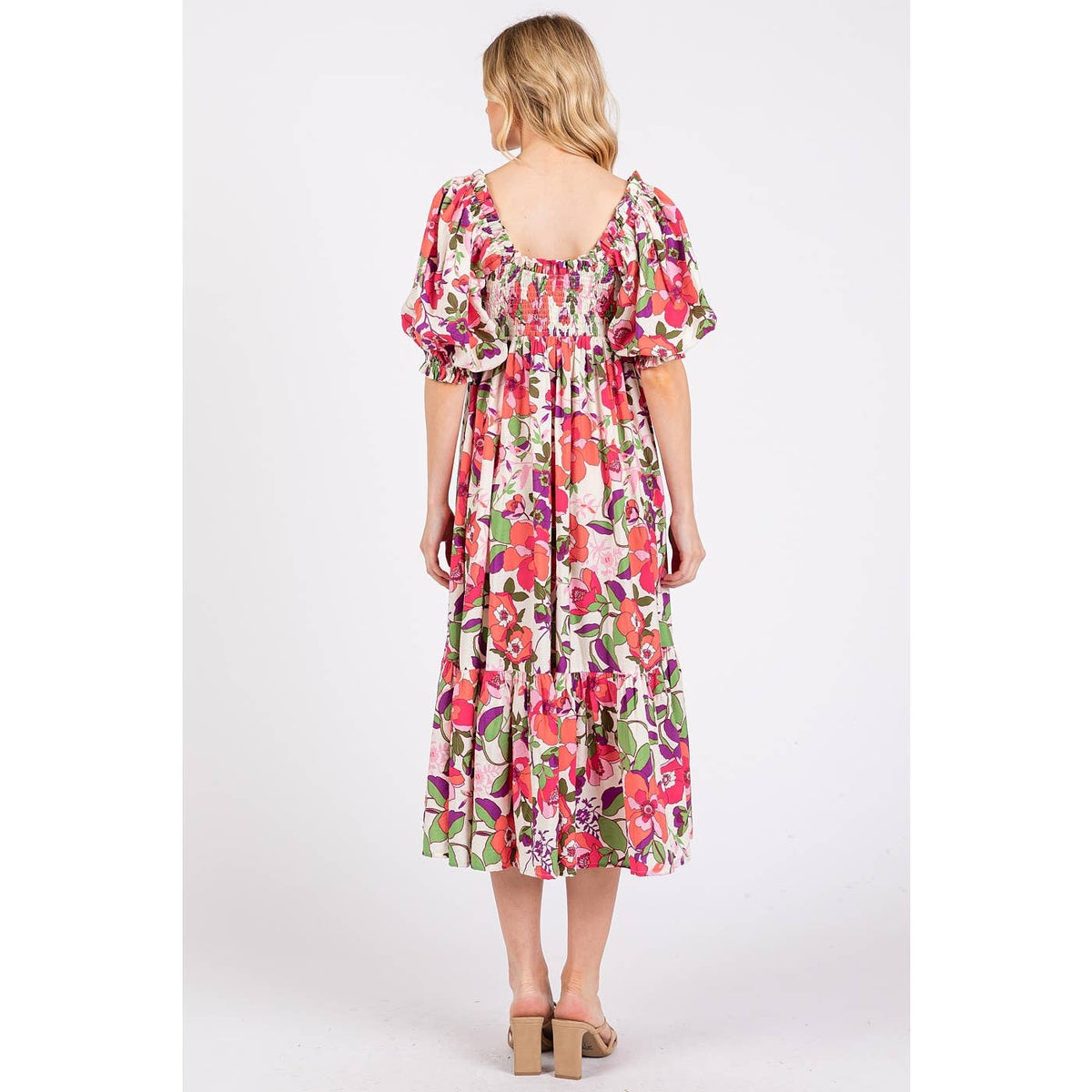 FLOWER PRINT PUFF SLEEVE RUFFLE SMOCKED MIDI DRESS