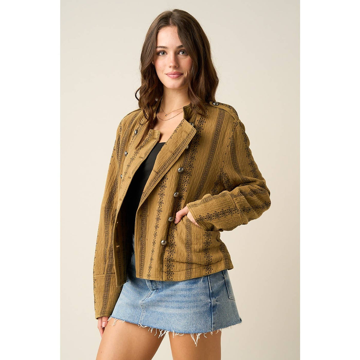 FLORAL ORNAMENT PRINT TEXTURED QUILT JACKET