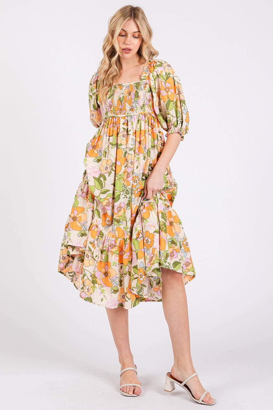 FLOWER PRINT PUFF SLEEVE RUFFLE SMOCKED MIDI DRESS
