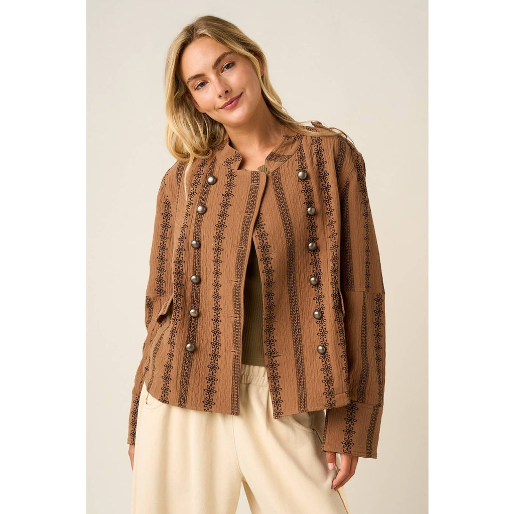 FLORAL ORNAMENT PRINT TEXTURED QUILT JACKET