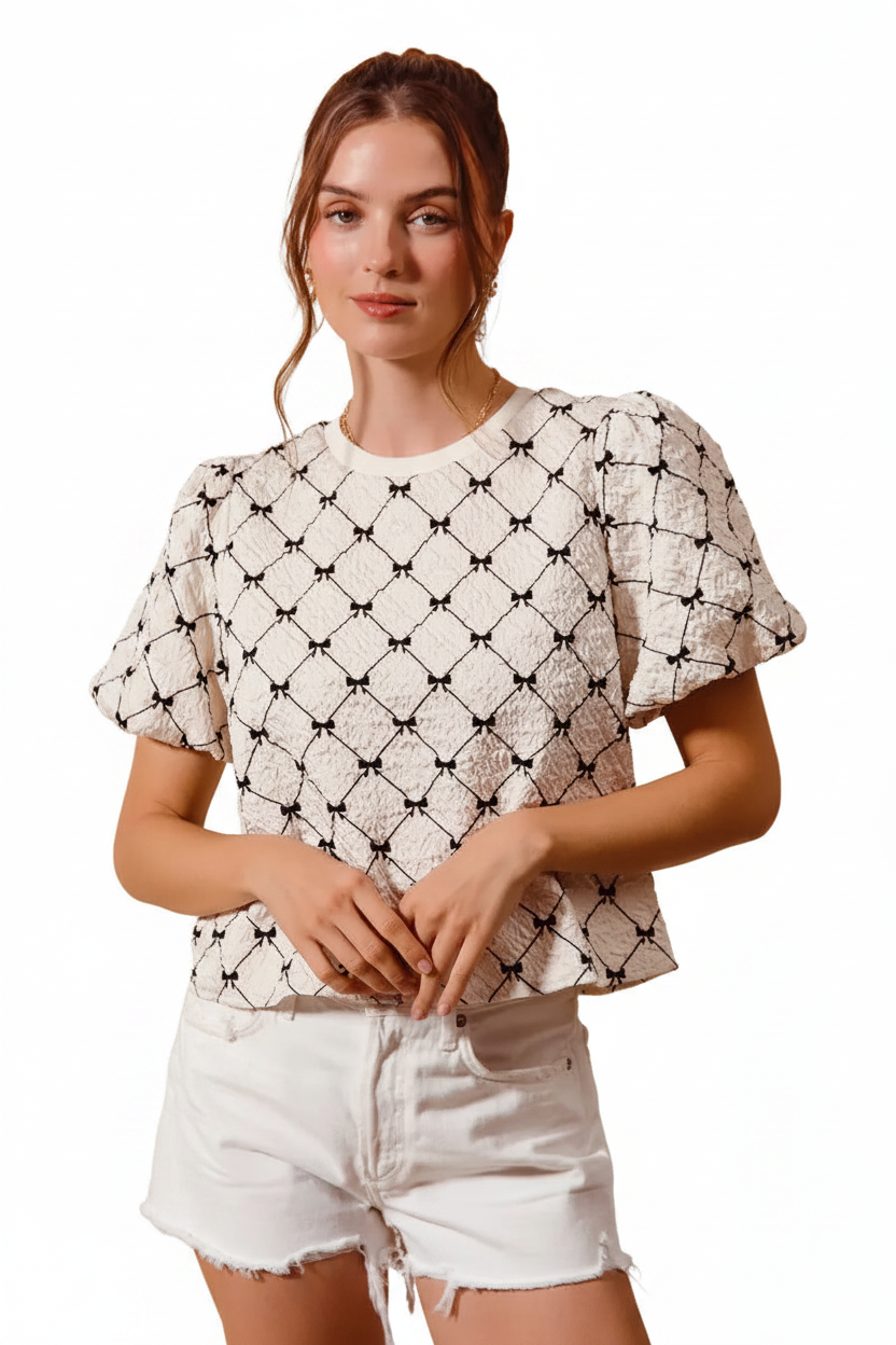 Bow Texture Woven Bubble Sleeve Top