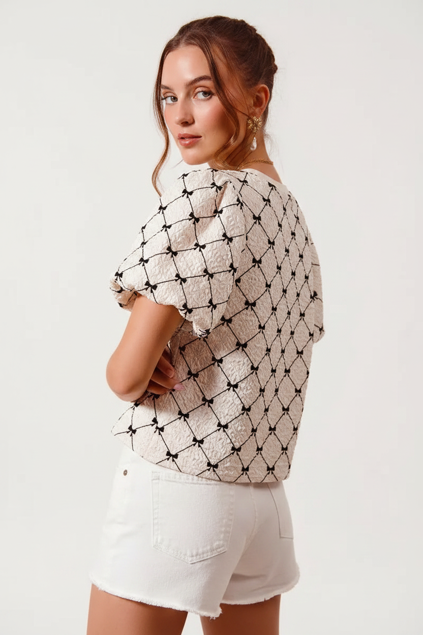 Bow Texture Woven Bubble Sleeve Top