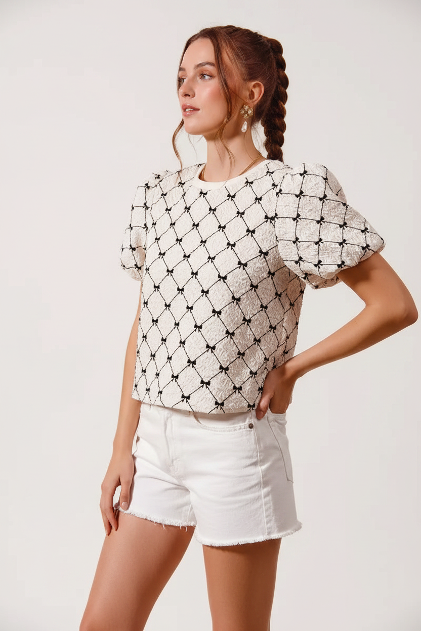 Bow Texture Woven Bubble Sleeve Top