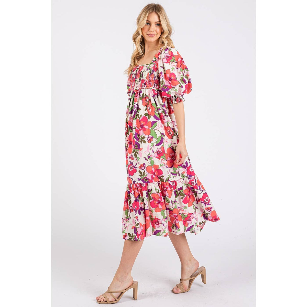 FLOWER PRINT PUFF SLEEVE RUFFLE SMOCKED MIDI DRESS
