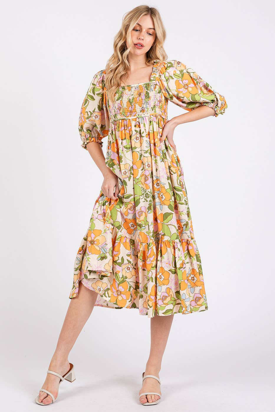 FLOWER PRINT PUFF SLEEVE RUFFLE SMOCKED MIDI DRESS