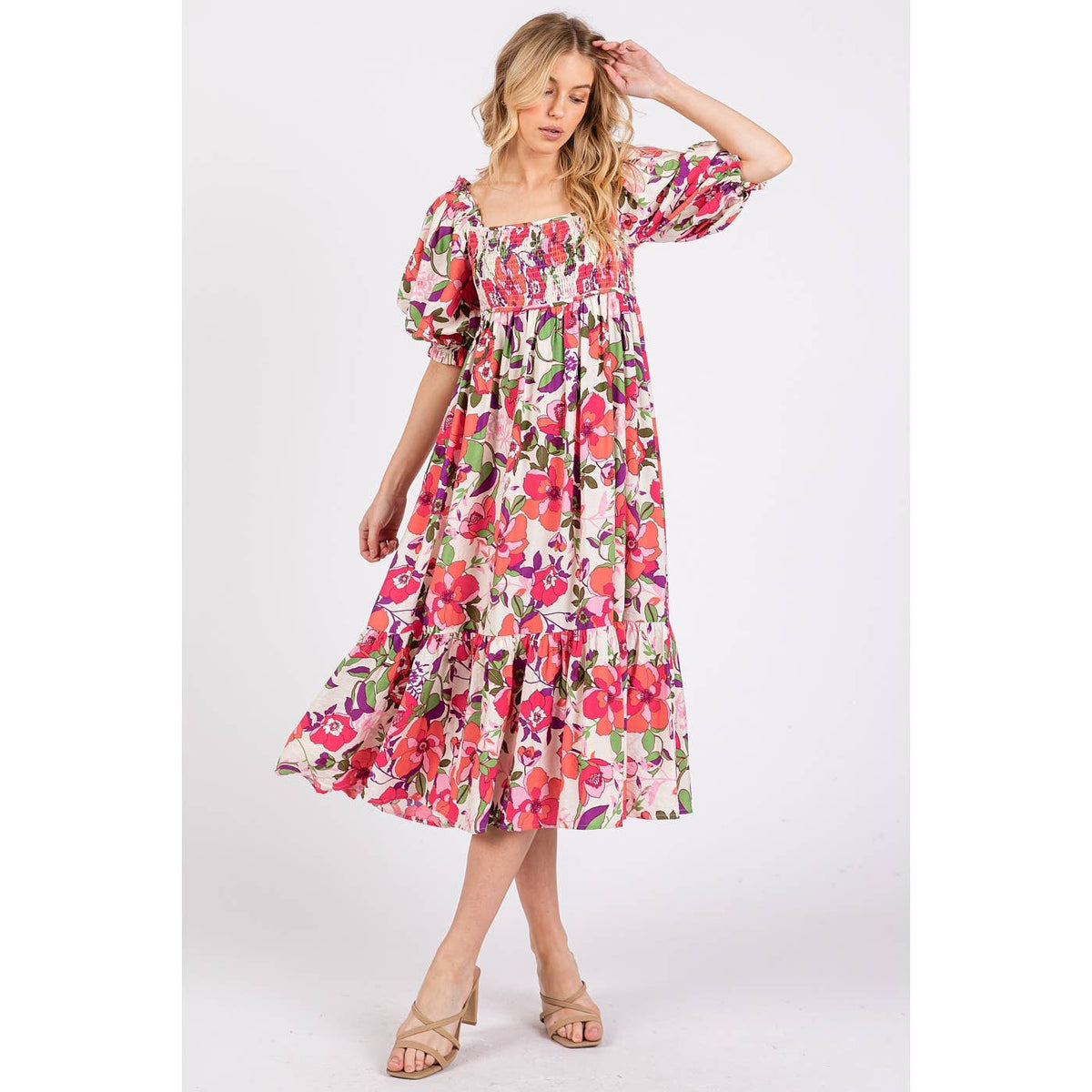 FLOWER PRINT PUFF SLEEVE RUFFLE SMOCKED MIDI DRESS