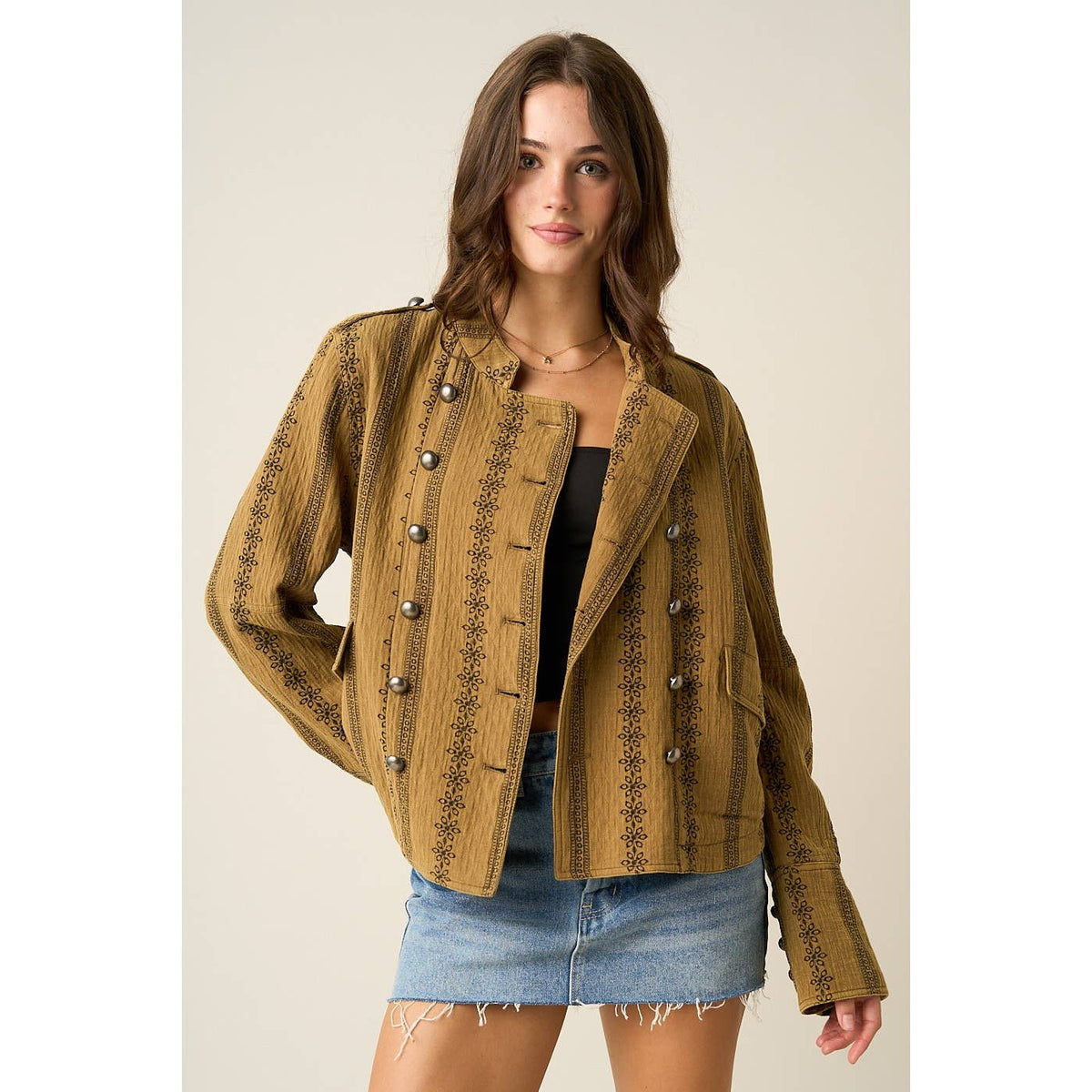 FLORAL ORNAMENT PRINT TEXTURED QUILT JACKET