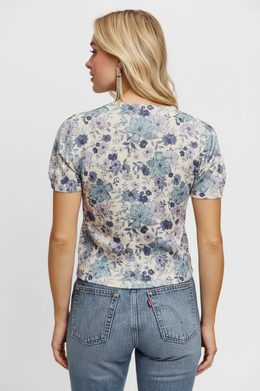 Floral Print Short Sleeves Sweater Knit Top