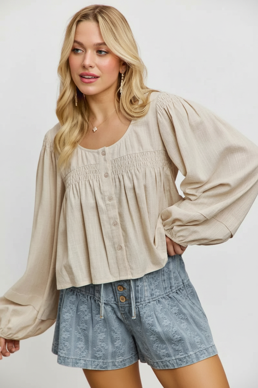 Linen Blend Woven Long Sleeve With Smocking Top