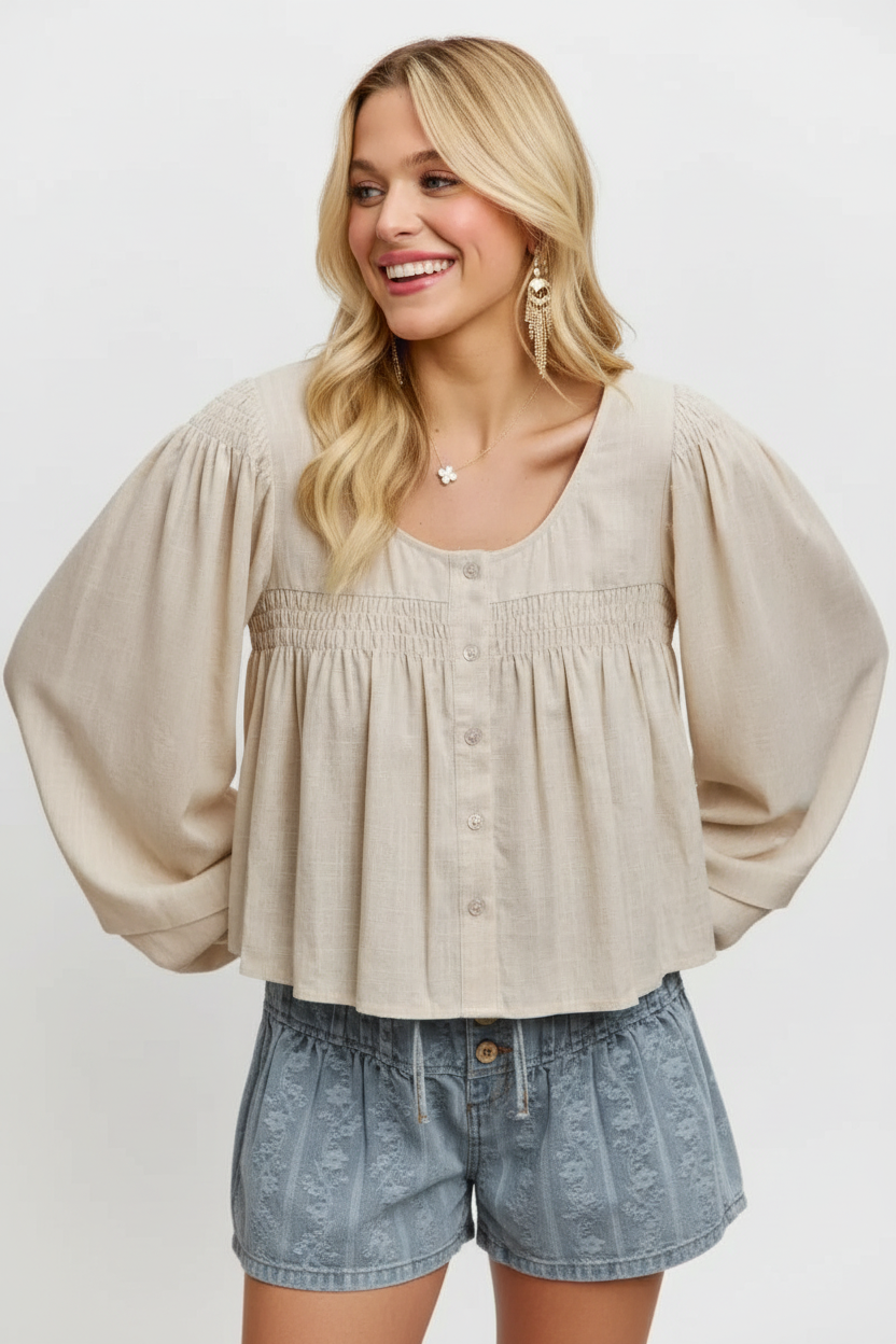 Linen Blend Woven Long Sleeve With Smocking Top