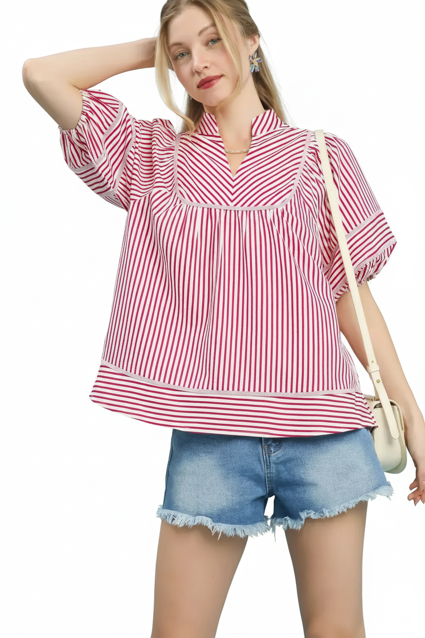 Striped Puff Sleeve Babydoll Top