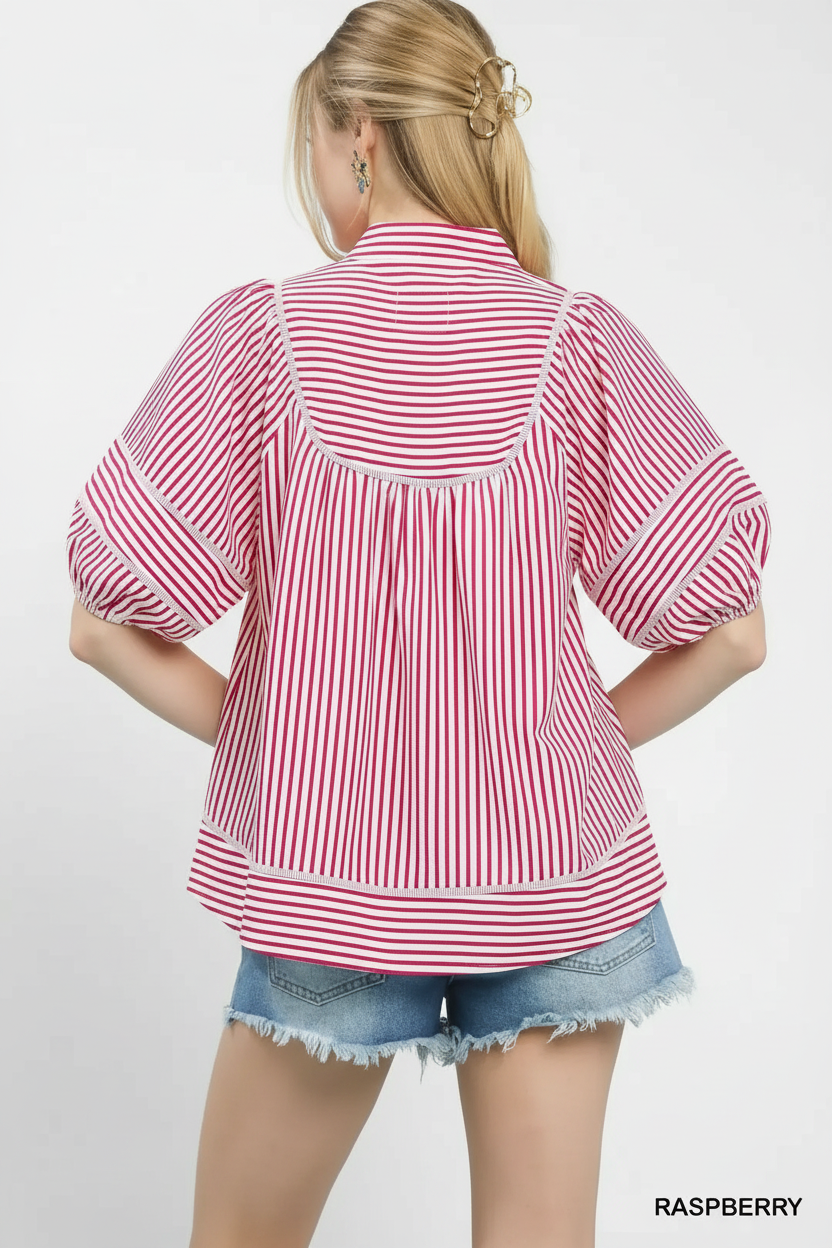 Striped Puff Sleeve Babydoll Top