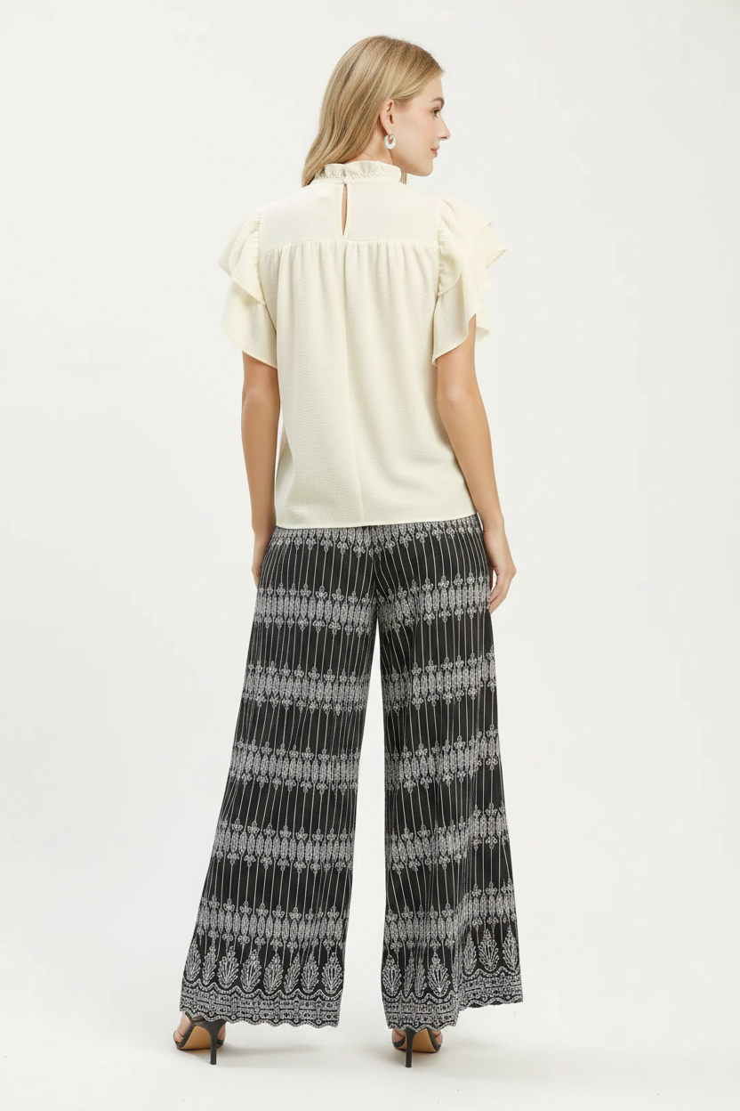 Smocked Ruffle Sleeve Textured Top