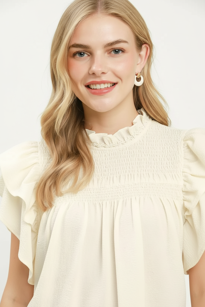 Smocked Ruffle Sleeve Textured Top