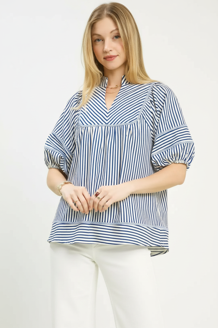 Striped Puff Sleeve Babydoll Top