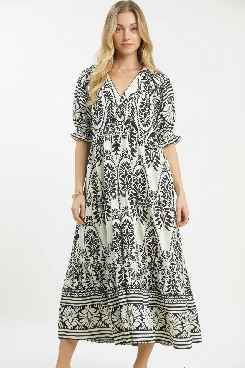 Two Tone Border Print Midi Dress - White Background 1