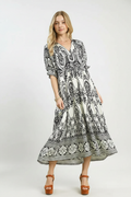 Two Tone Border Print Midi Dress - White Background 2