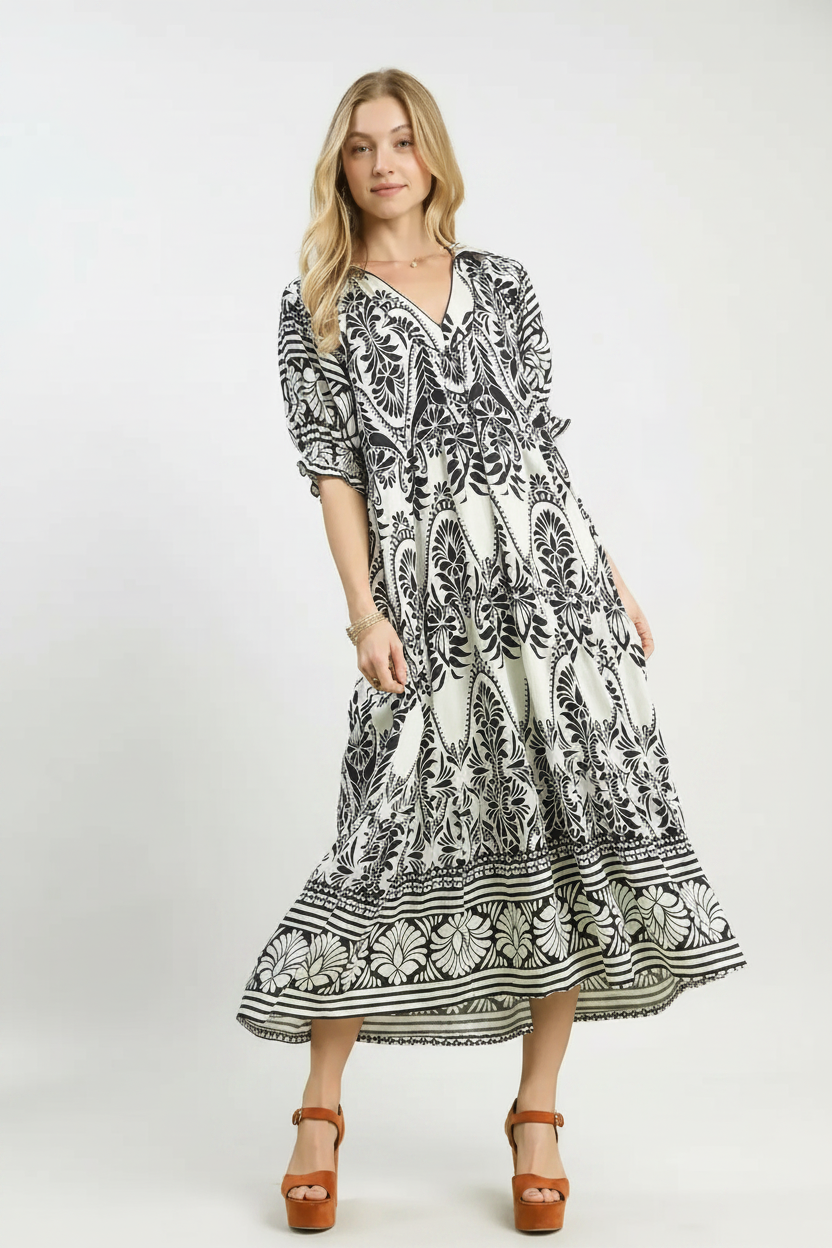 Two Tone Border Print Midi Dress - White Background 2
