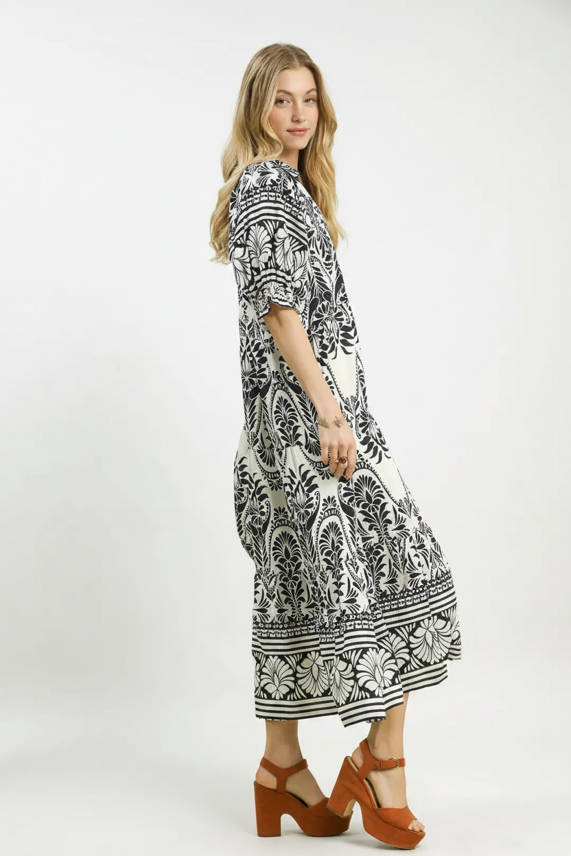 Two Tone Border Print Midi Dress - White Background 3