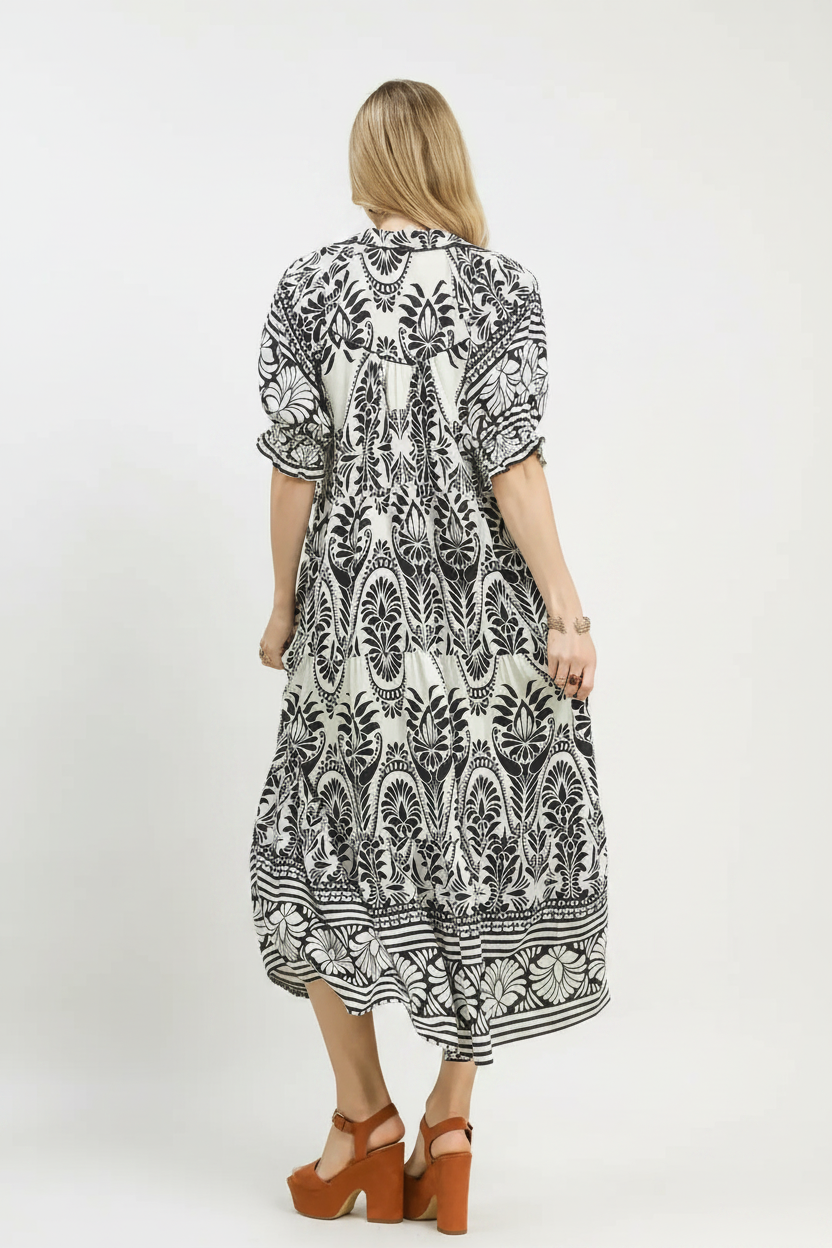 Two Tone Border Print Midi Dress - White Background 4